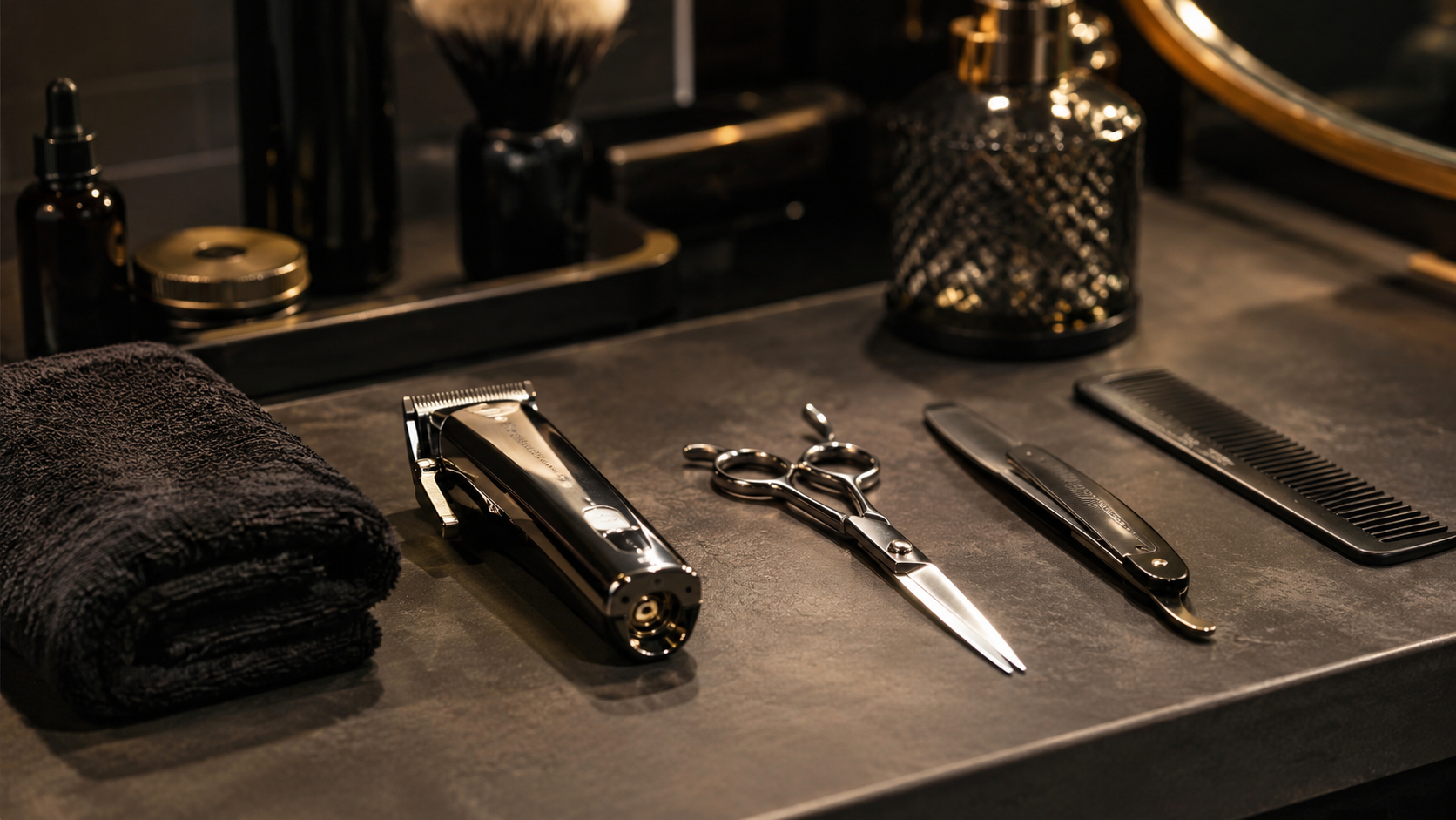 Imagem conceptual de ferramentas e elementos de barbearia em composição editorial