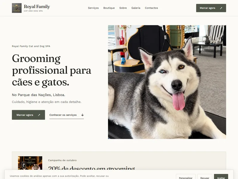 Site da Royal Family Cat and Dog Grooming — Grooming, Spa e Boutique no Parque das Nações
